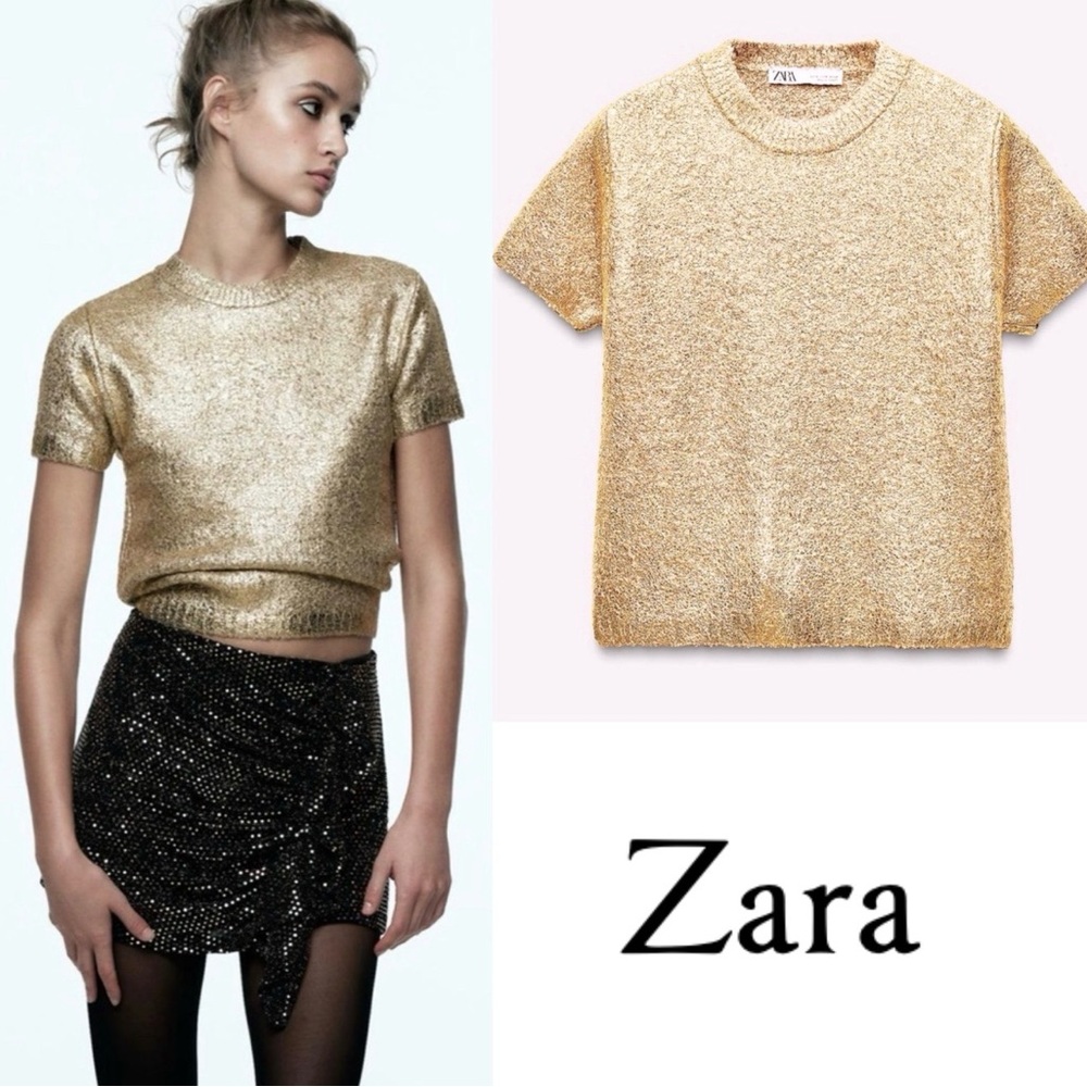 Zara Metallic Gold Short Sleeve Top bloggeres favorite